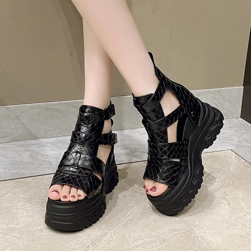 10CM Women Thick Bottom Gladiator Shoes Woman Summer Chunky Sneakers High Platform Sandals Hollow Out Wedge Heels Beach Boots