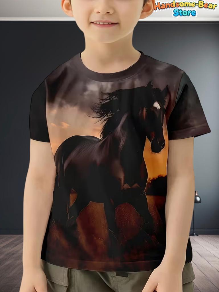 Children's Clothing Boys T-Shirt 3D Horse Print Short Sleeve Fashion Kids Summer Clothes Casual Child Girls Clothing O-Neck Tops