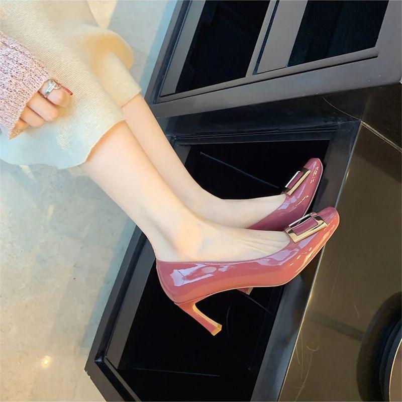 New Nude Color Thin High Heels Versatile Fashion Shallow Mouth Square Toe Metal Party Square Button Women's Single Shoes