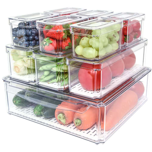 Pomeat Refrigerator Organizer, Stackable Refrigerator Bins with Lids, BPA-Free Fruit Storage Containers for Food, Beverages, and Vegetables, Clear