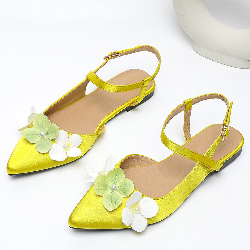 Fashion New Designer Flower Appliques Women Sandals Pointed Toe Silk Slingback Summer Shoes Bohemian Floral Sandalias Mujer Big Size 43