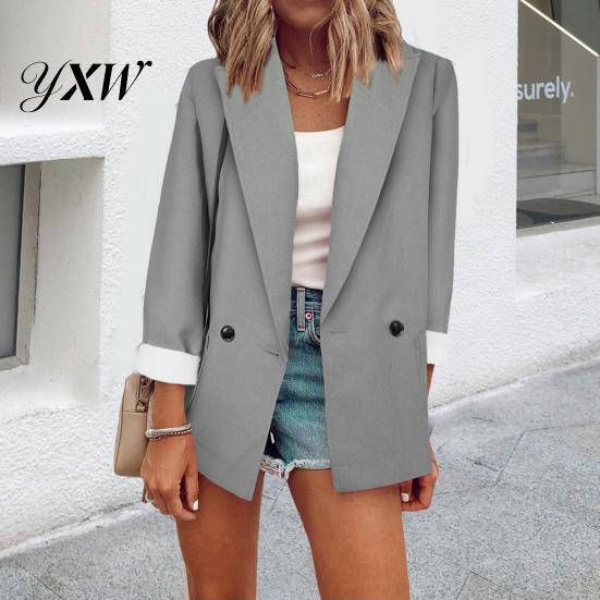 Blazer Coat Long Sleeve Big Pockets Single Button Office Suit Fashion Solid Color Lapel Jacket Workwear