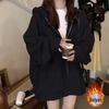 Chic Black Fleece-Lined Hooded Sweatshirt for Women - Loose Fit, Korean Style Jacket for Spring and Autumn