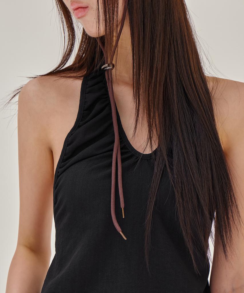 Leondeondada Linen-Like Halter Shirring Top, Black