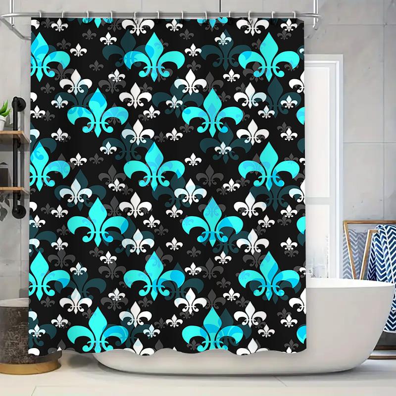

Retro Blue Black Shower Curtain Fleur De Lis Pattern For Bathroom Decor Quick Dry Fabric Waterproof Shower Curtains W60H190(CM)-1 Pcs