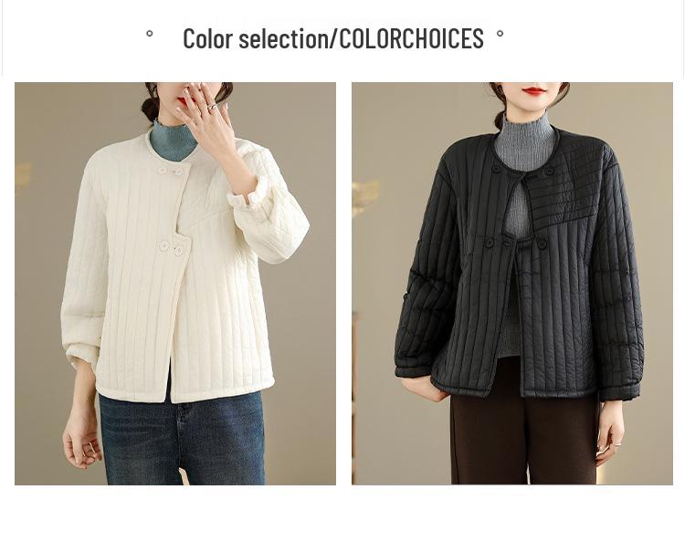 Available: Quilted Women's Korean-Style Loose Winter Jacket with Irregular Placket and Round Neck.