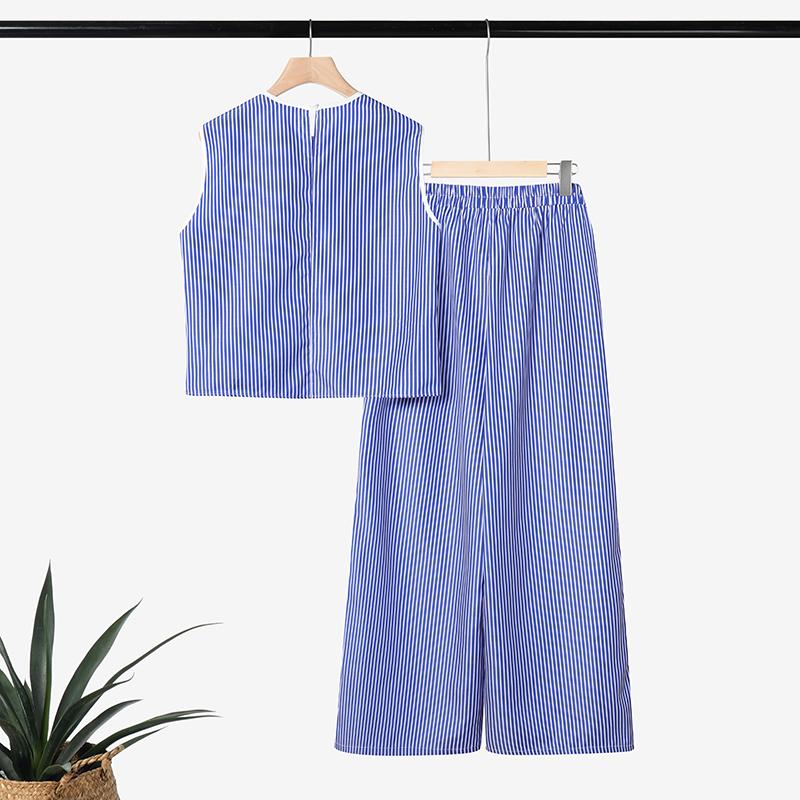 ZANZEA Women Sleeveless Vest Tops and Pants Casual Stripe Print Two Piece Suit Sets