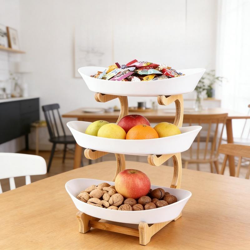 3-Tier Bamboo Fruit Basket, Simple Serving Tray for Living Room, Kitchen Counter & Party, Snack & Fruit Storage Organizer