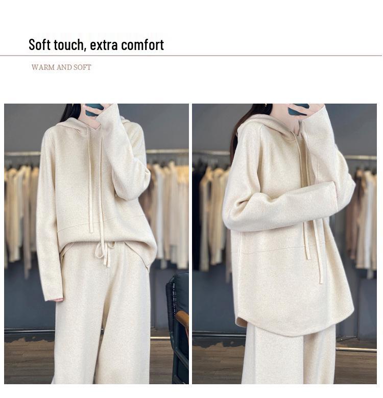 2026 Autumn/Winter Women's Pure Wool Hooded Knitwear & High Waist Wide-Leg Pants Set