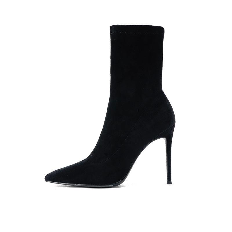 2025 Autumn and Winter New Short Boots Women's High Heel Thin Heel Pointed Black Elastic Thin Boots Versatile Internet Celebrity Medium Single Boots