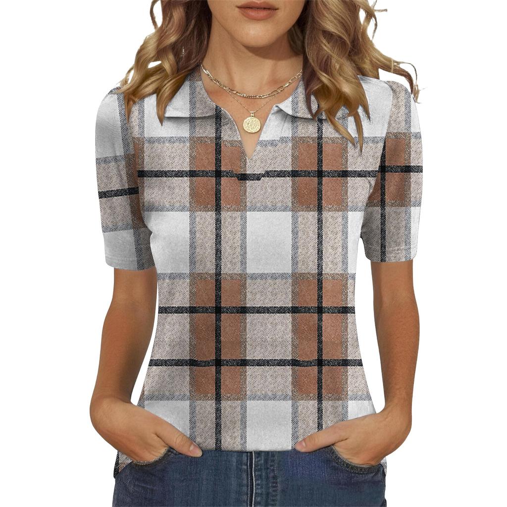 Women’s Short Sleeve Polo Shirt with Classic Checkered Pattern Casual Collar Design for Daily Wear Office School