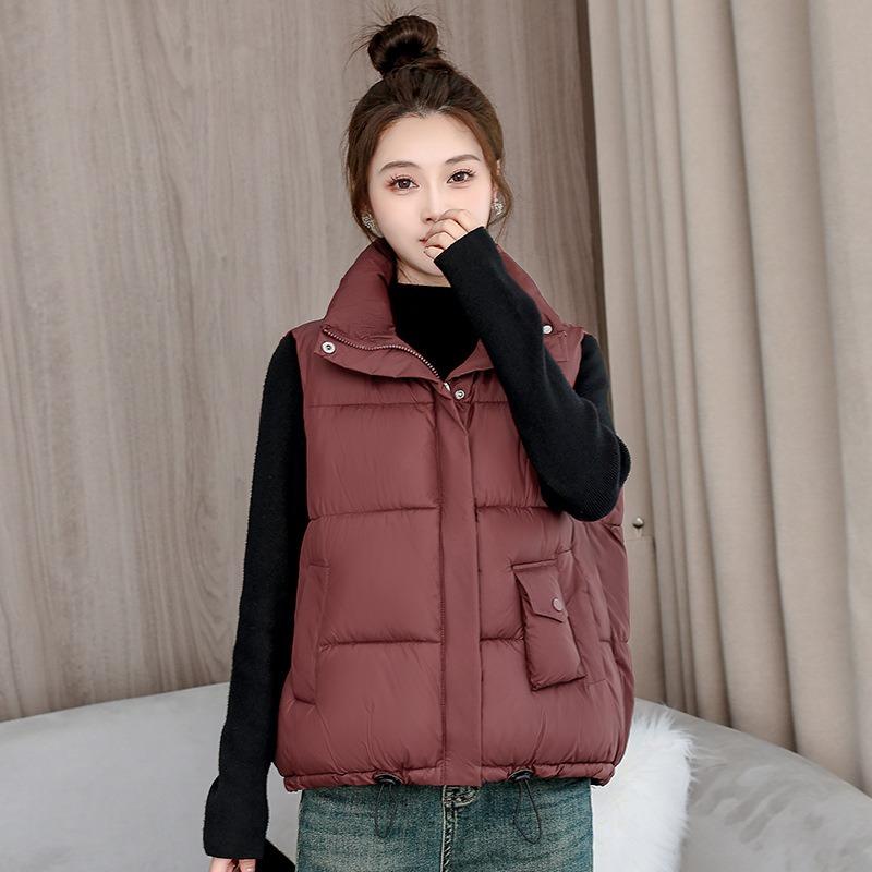 Stand-up Collar Down Cotton Vest Women's Drawstring Autumn and Winter New Loose Thickened Sleeveless Vest Jacket