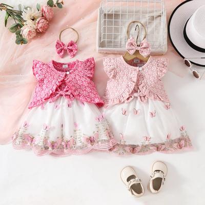 Traje de Verano para Bebé Niña 6M-3A Traje Dulce con Chaqueta Corta sin Mangas + Chaleco Vestido de Red de Mariposa Traje Casual