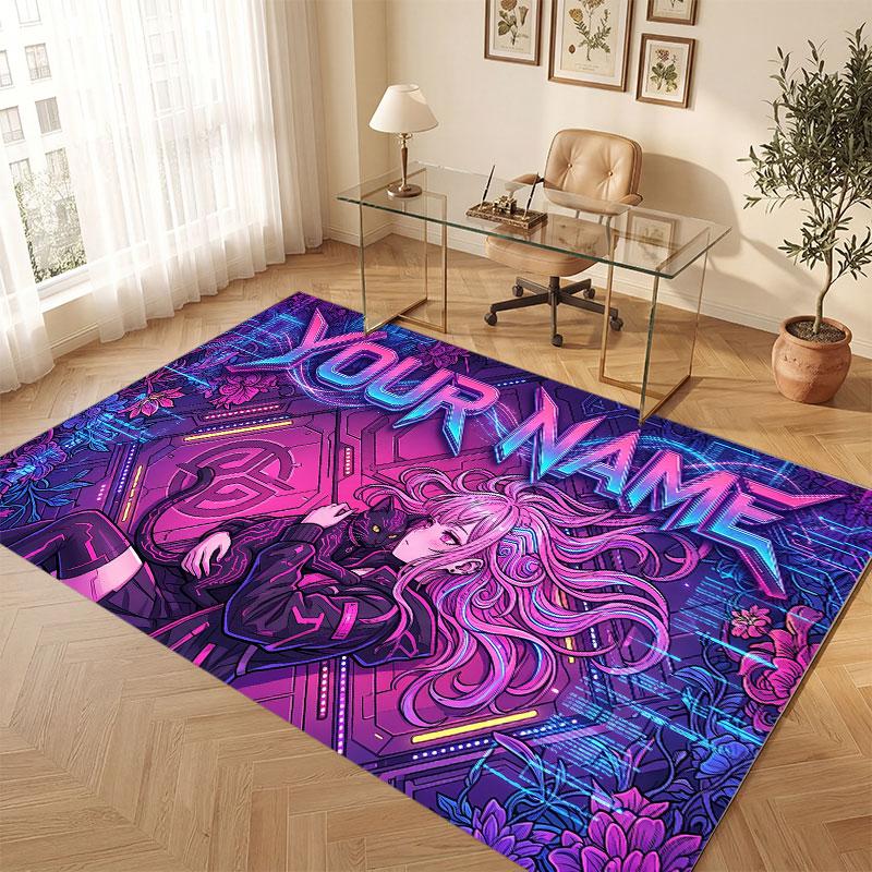 Stadt Cyberpunk Thema Kristall Samt Boden Teppich Personalisiert Benutzerdefinierter Name Text Warmer Teppich Heimdekoration