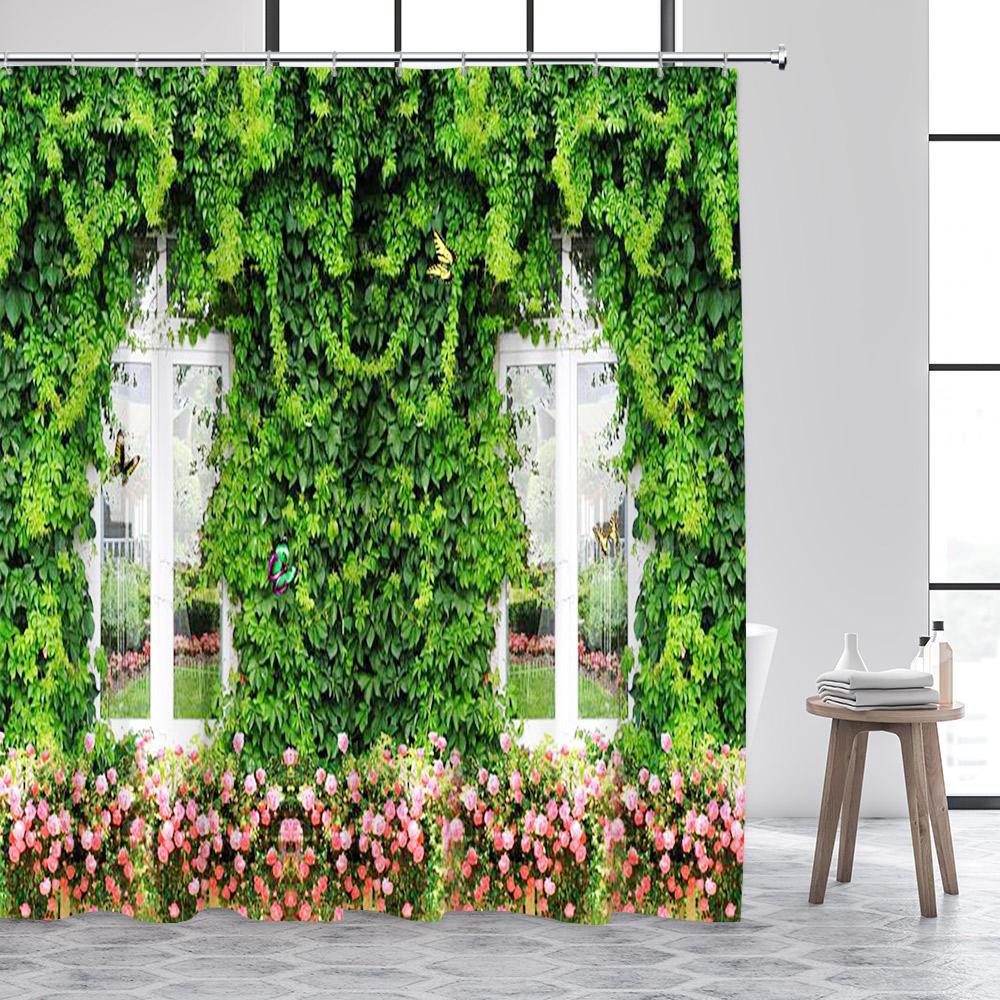 Rustic Fence Flowers Shower Curtains Pink Rose Floral Plant Garden Scenery Wall Hanging Fabric Bathroom Curtain Decor With Hooks