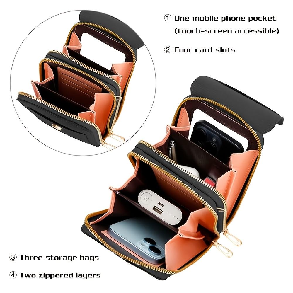 Women'S   Touchscreen Phone Pouch - Multi-Functional Multi-Layer Card Holder & Coin Purse Zipper Closure, Synthetic Faux Leather, Polyester Lining