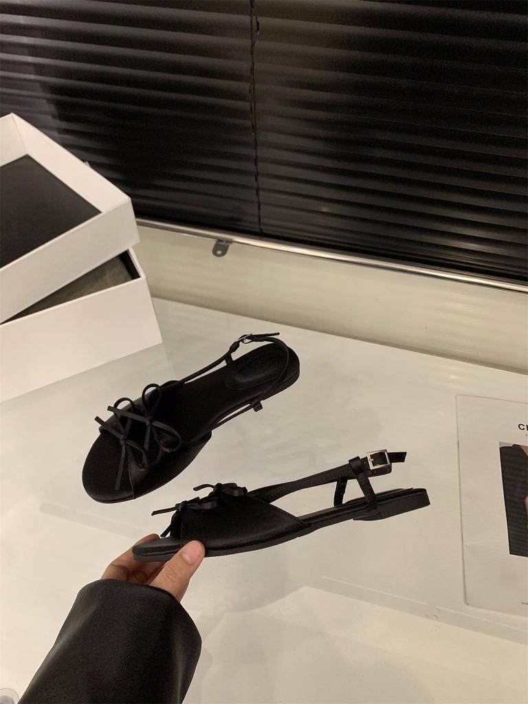 Niche Bow Sandals Fairy Shoes Summer with Skirt Temperament Vacation Satin Shoes