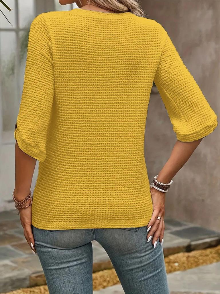 Women's Waffle Knit Three-Quarter Sleeve Pullover - 2025 Autumn/Winter European American Fashion