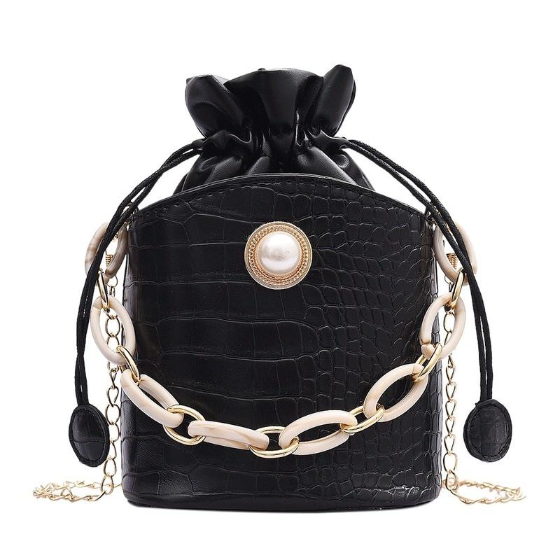 Damen PU Bucket Kette Kleine Messenger Handtaschen Kordelzug Schultertaschen