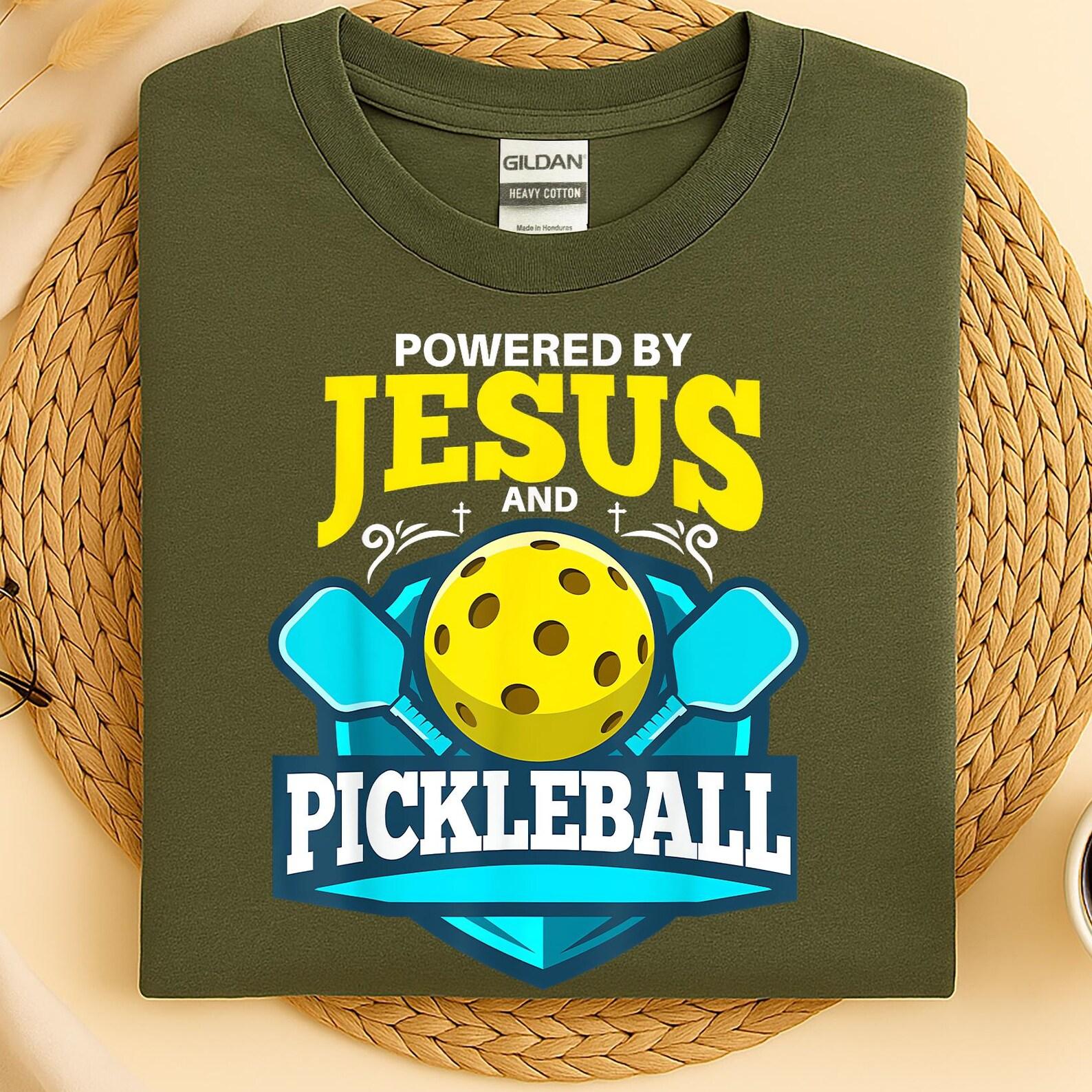Powered by Jesus and Pickleball Shirt, Christian Pickleball T-Shirt, Funny Faith Sports Tee, Pickleball Lover Gift L