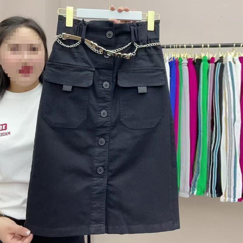 Spring & Autumn Plus Size A-Line Workwear Skirt - Medium-Long, Single-Breasted with Double Pockets & Slit