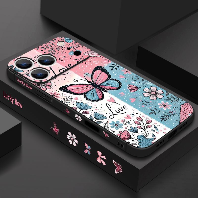 For iPhone 17 Pro Max Case Blue Pink Butterfly Floral Pattern TPU Silicone Soft Cover For iPhone 16 Pro Max 15 14 13 12 11 16E Air