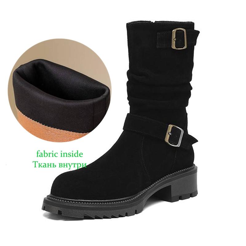 Krazing Pot Fashion Cow Suede Nubuck Winter Round Toe Modern Boots Med Heels Slip on Pleated Style Metal Buckle Mid-calf Boots