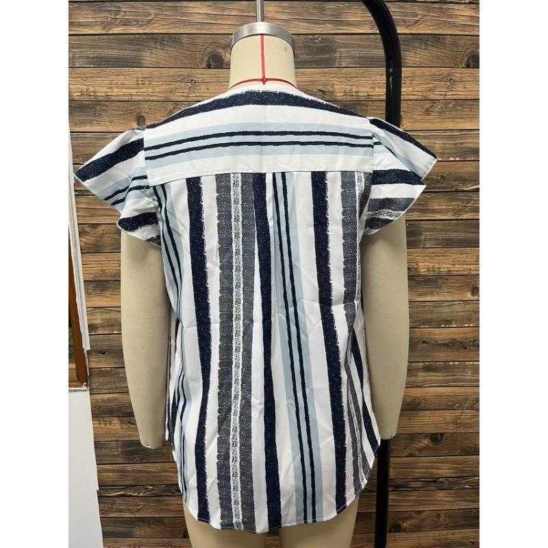 Women's Summer Top Color Stripes Patchwork Shirt Lotus Leaf Flying Sleeve Sleeve Shirt Top