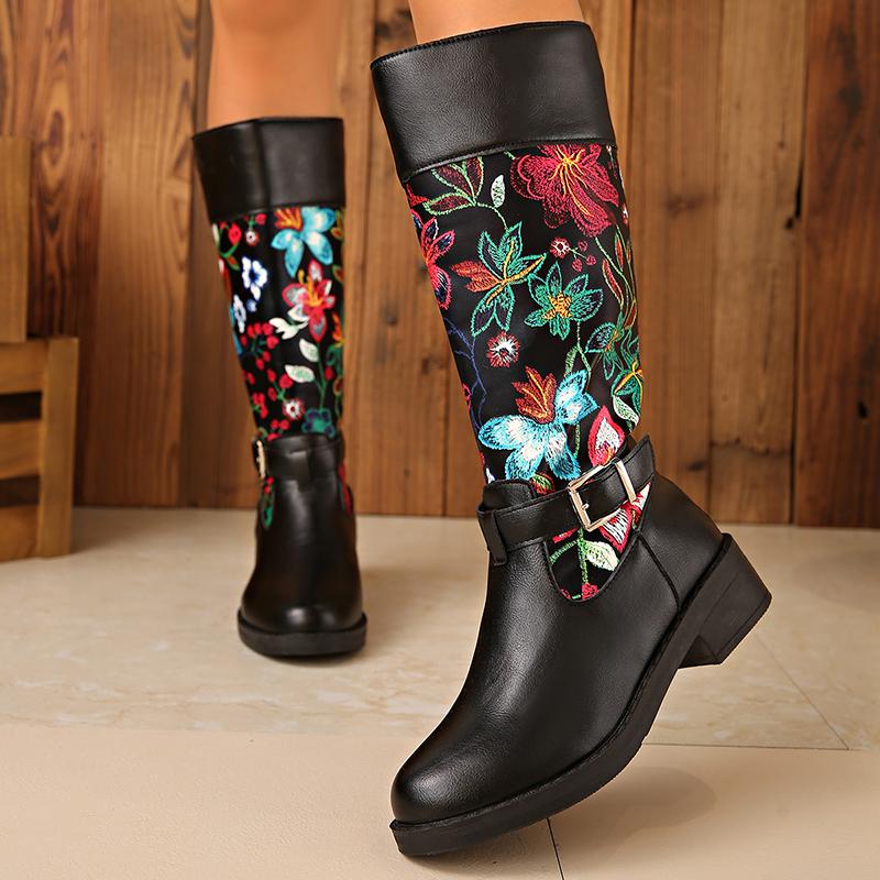 Flowers Print Knee High Boots Women Plus Size 35-43 Thick Heels Long Boots Woman Back Zipper Decor Bohemian Knight Botas Mujer