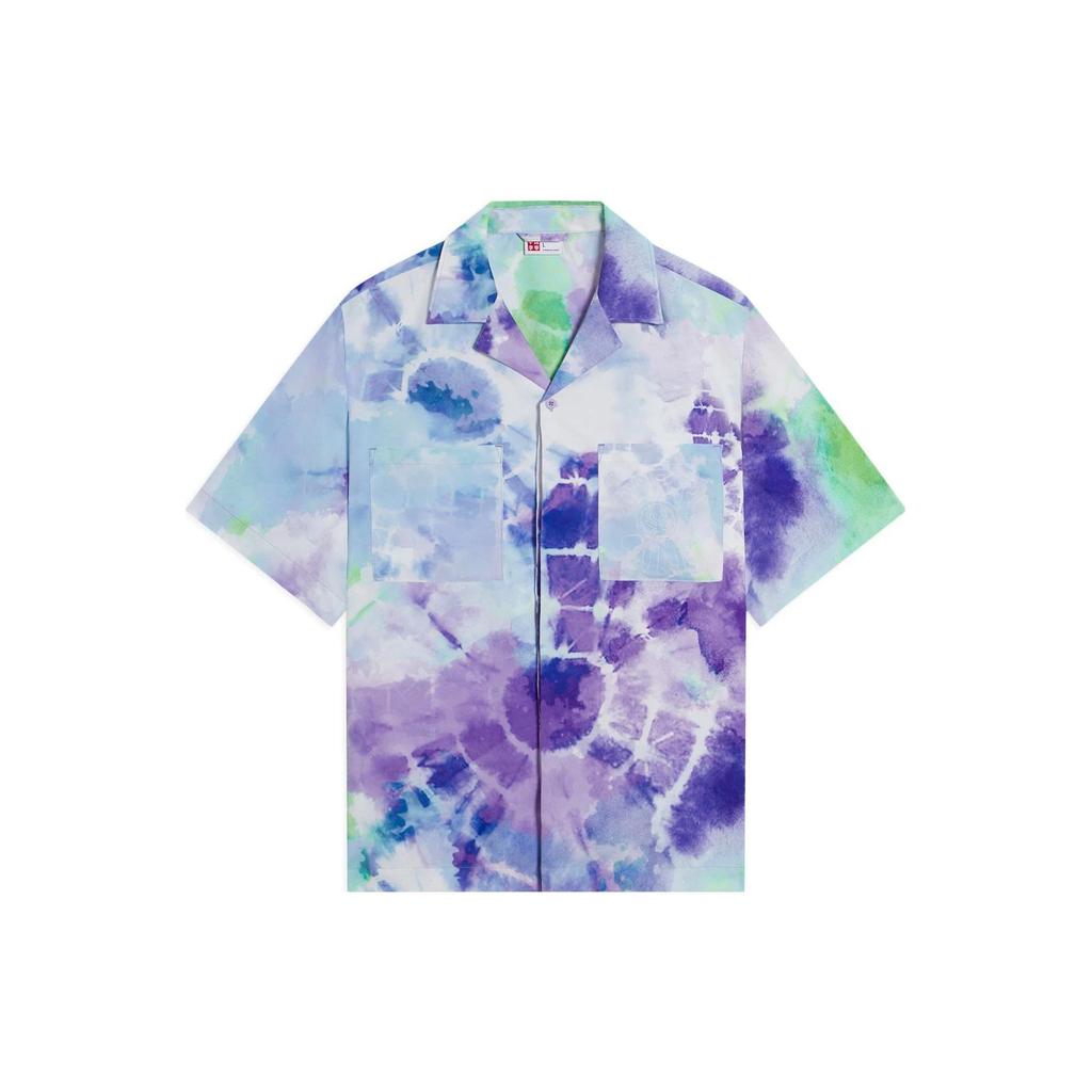 Li-Ning Summer Party Tie-Dye Logo Print Button-Down Collar Short Sleeve Shirt Men Tops Rhodamine-Purple ASHS889-1