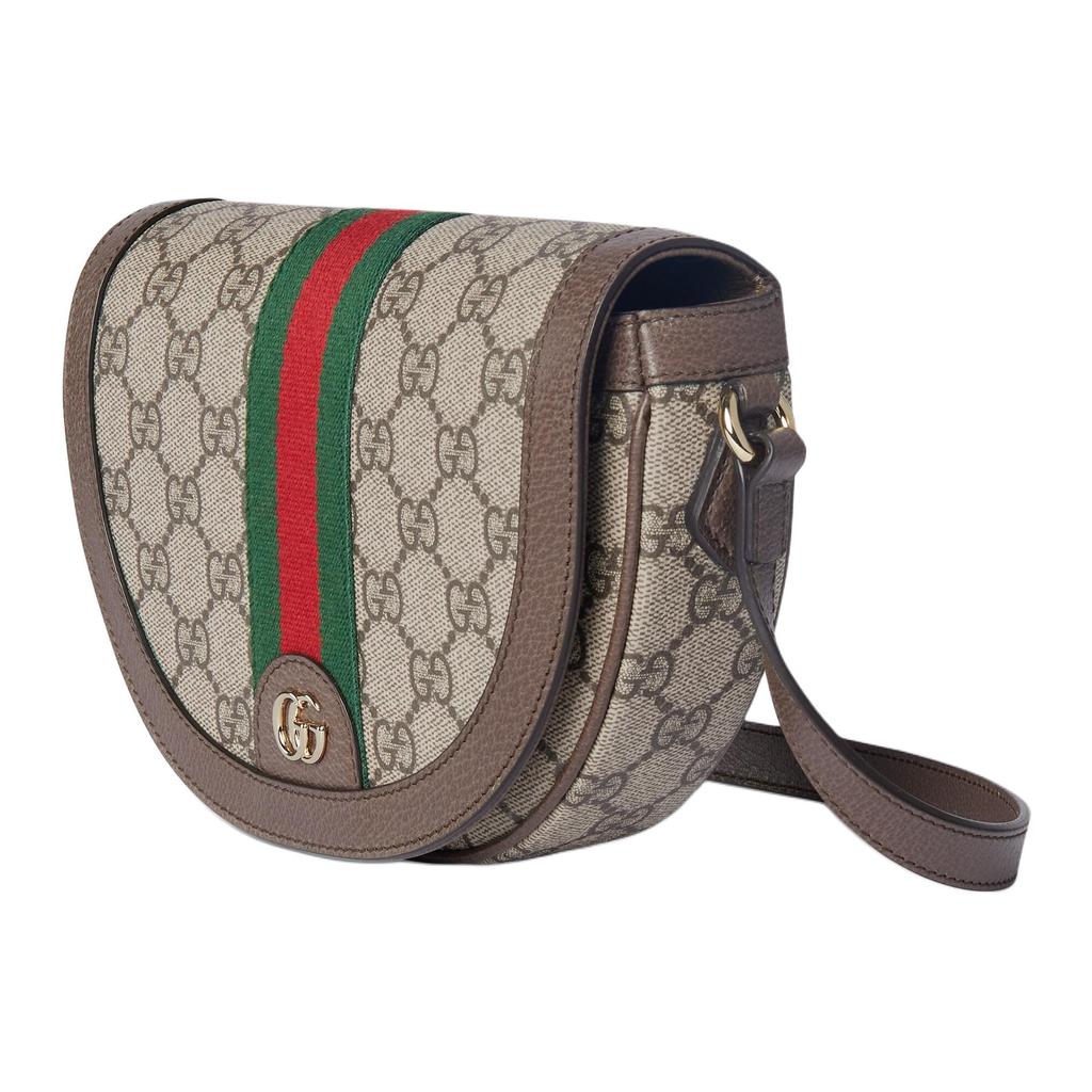 Gucci Ophidia GG Supreme Saddle Bag, Beige Canvas Brown Leather Trim Web Stripe, Women's Crossbody Handbag for Daily Travel 838476-FAE0P-9746