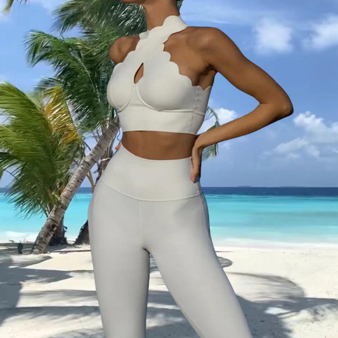 

2024 Ударопрочный повседневный сексуальный топ с открытой спиной, эластичная ткань, накладка на грудь, комплект из двух предметов