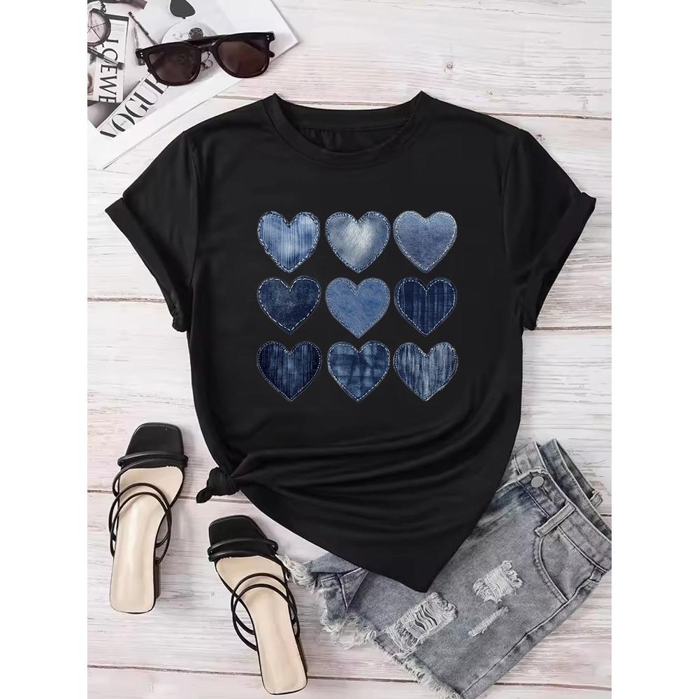 Women Cowboy Heart Print T-Shirt for Valentine's Day Gifts Fashion Crew Neck Short Sleeve T-Shirt Casual Women's Clothing