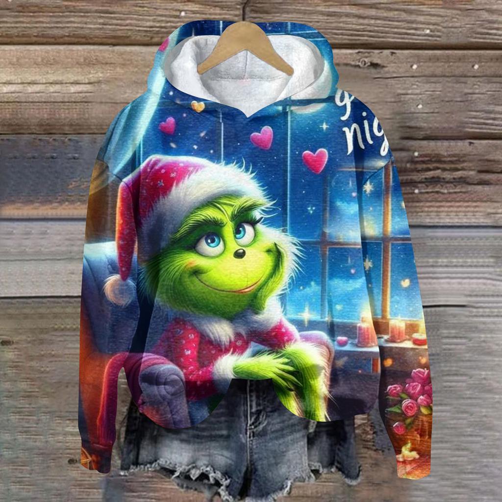 Ladies' Christmas Greentown Print Casual Long Sleeved Hooded Sweatshirt Top