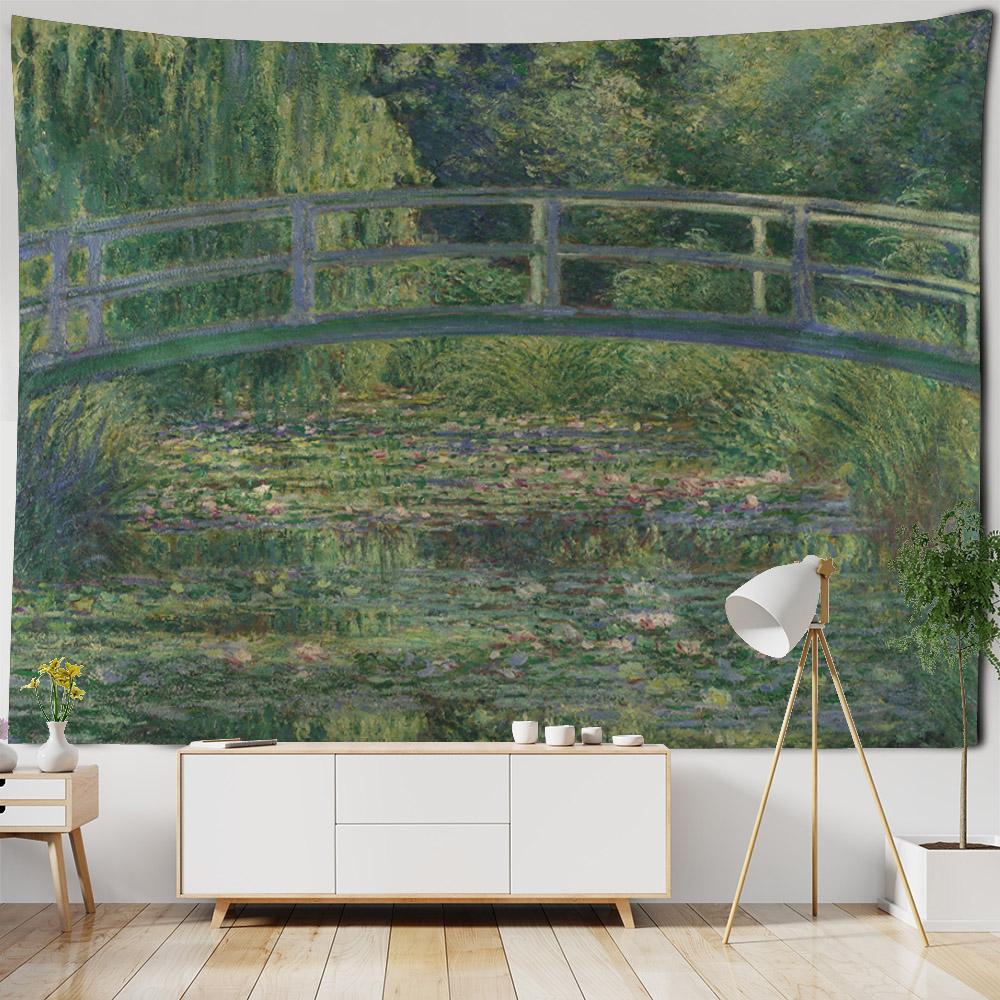 Retro oil painting, water lily print, tapestry, flower and plant wall hanging, home decoration, abstract aesthetic tapestry