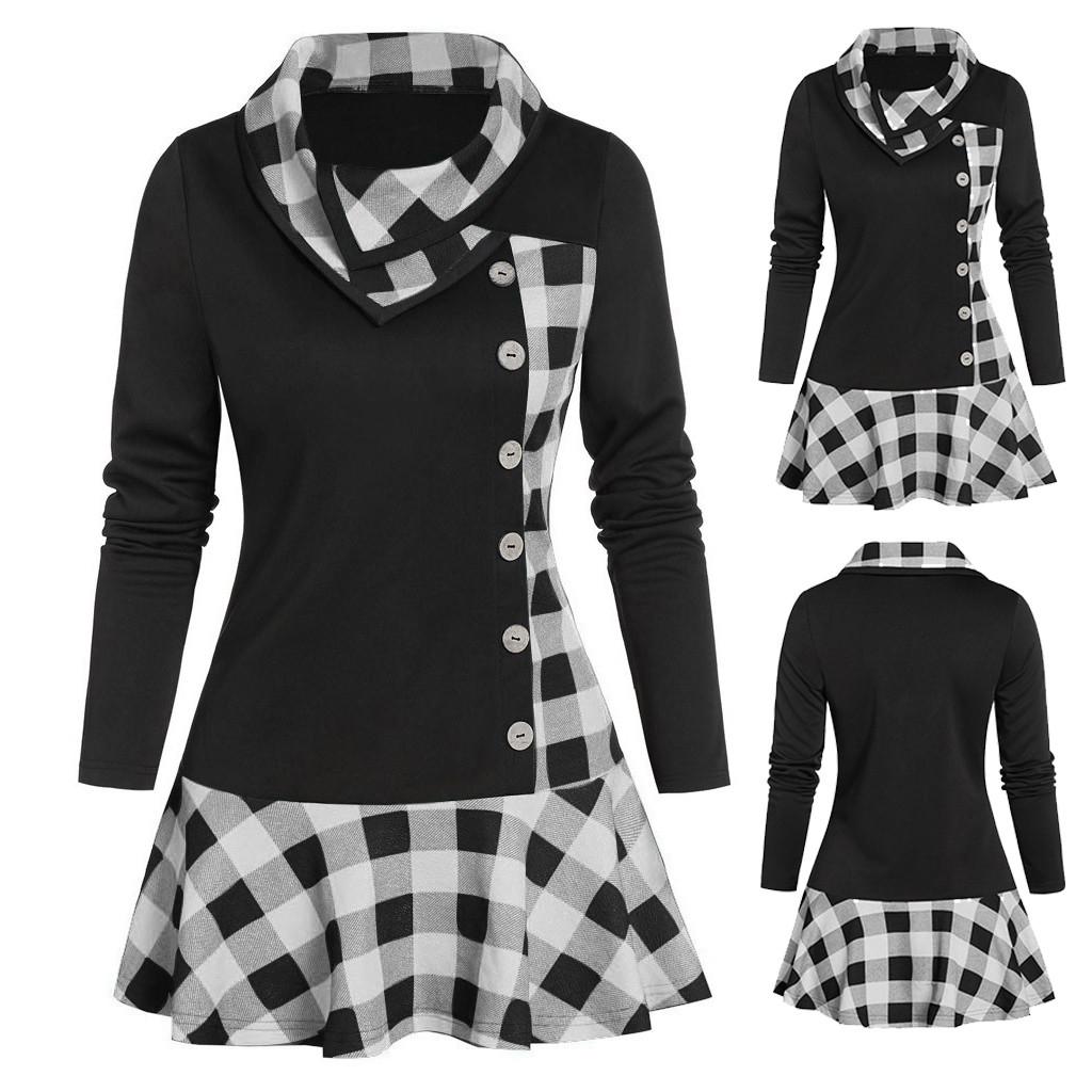 

Ramidos Плюс Размер Женская Мода Пуговицы Капюшон Шея Длинный Рукав Пэчворк Плиада Печати Топы L серый