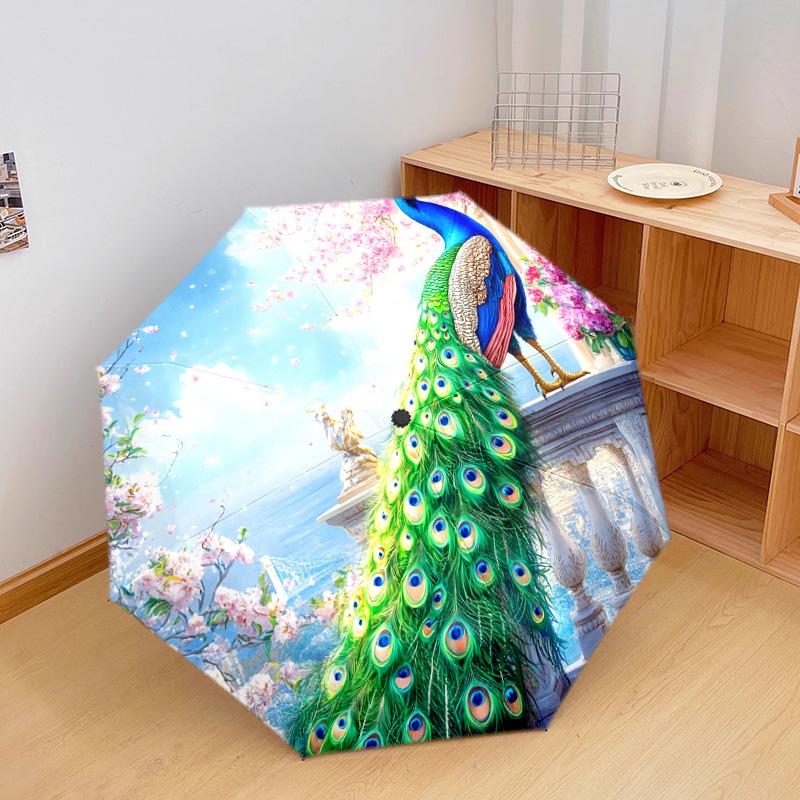1 PC Automatic Folding Umbrella - Peacock Garden Pattern, Portable & Foldable Design with 8 Ribs, Christmas Birthday Gifts