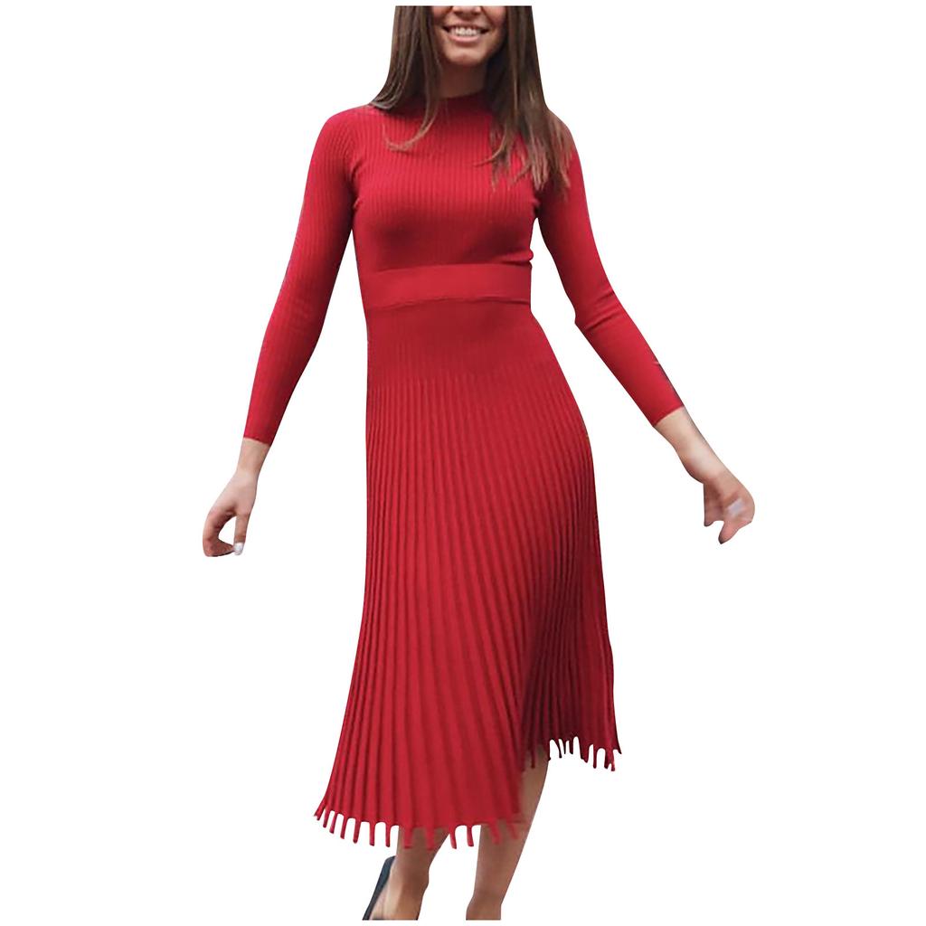 Fashion Women Solid Knitted Dress Long Sleeves Bottoming Pleated Dress