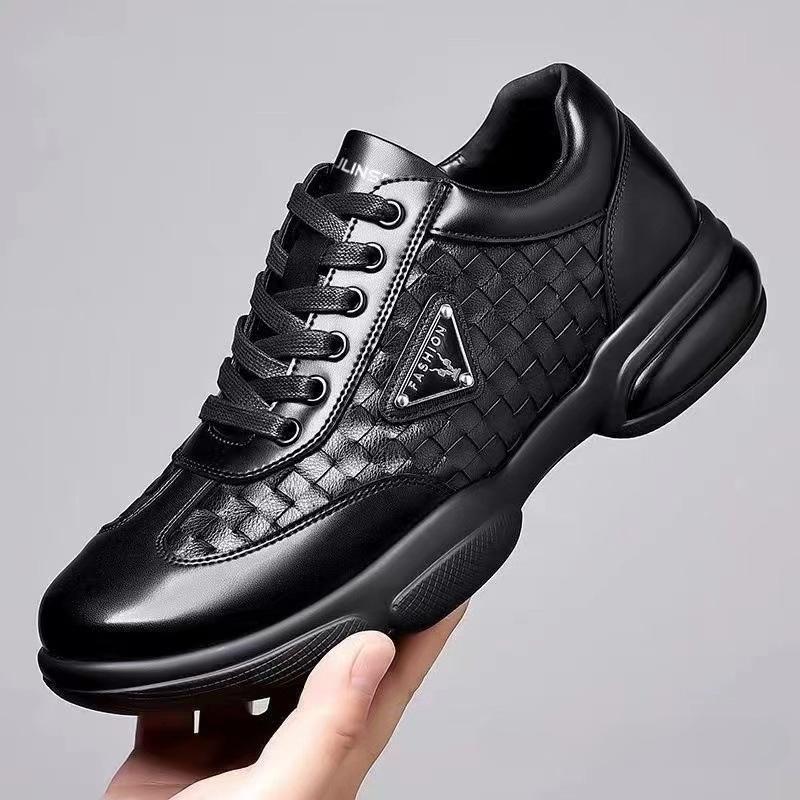 Summer Round Toe Leather Upper Lace-Up Casual Shoes Men's Korean Style Black Business Breathable Soft Sole