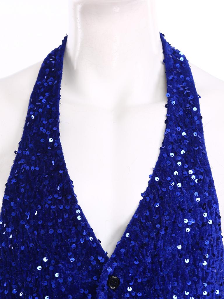Gilet da uomo con paillettes e velluto, con scollo all'americana, schiena scoperta, scollo a V, chiusura a bottoni, taglie M-4XL per Festa da Ballo, Cocktail, Ballo di Fine Anno