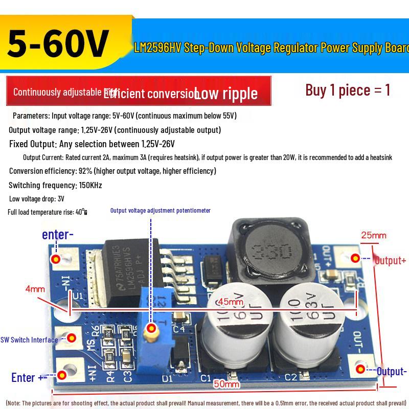 Modulo Convertitore Buck DC-DC Regolabile LM2596S: Regolatore di Tensione ad Alta Potenza da 24V a 12V, 5V, 3.3V