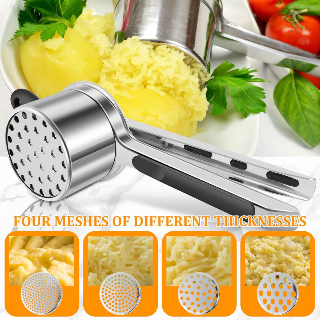 Manuelle Kartoffelpresse aus Edelstahl mit 4 Scheiben und rutschfestem Griff – ideal zum Kartoffelpüree-Herstellen.
