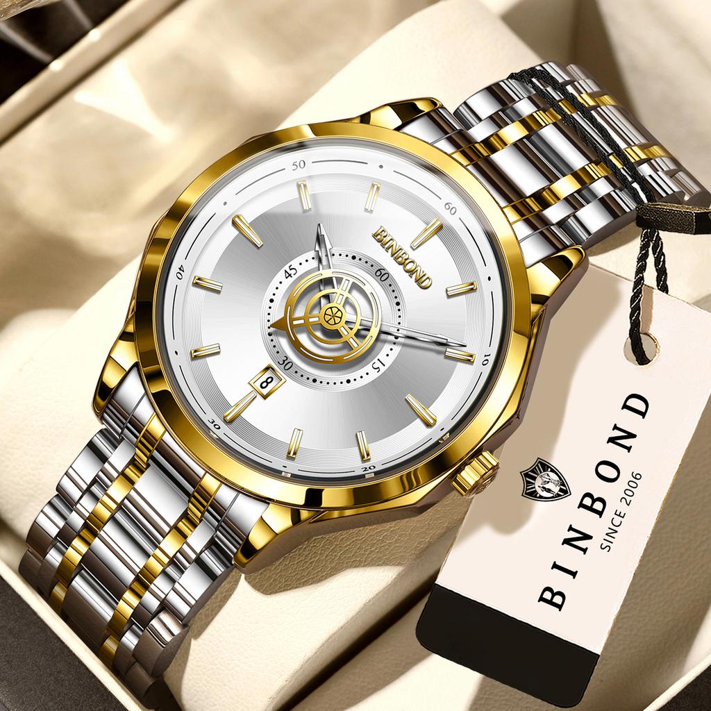 BINBOND Orginal Men's Waterproof Luminous Quartz Watch For Men Luxury Auto Date Sturdy Wristwatch Casual Reloj