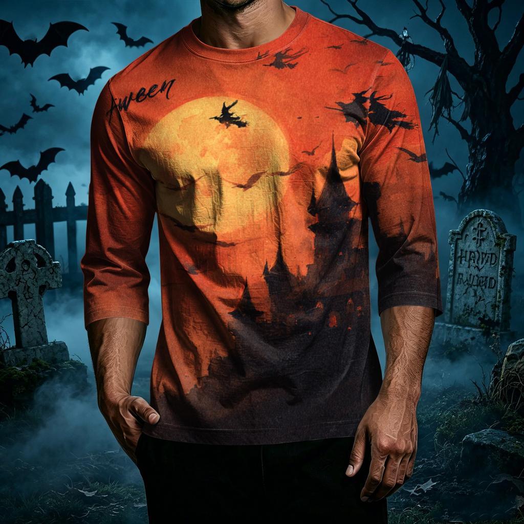 Men's Casual Halloween Graphic Crew Neck T-Shirt Three Quarter Sleeve Top Printed Design Comfortable Fit