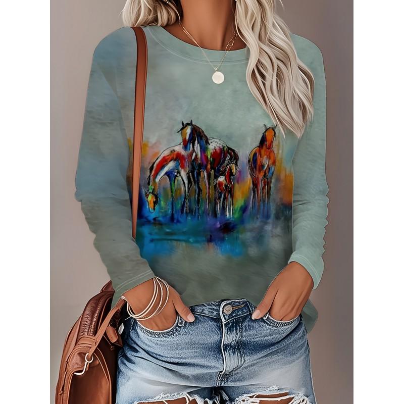 Womens Loose Fit Long Sleeve Round Neck Tee With 3D Peacock Cat Print - Milk Silk Fabric 2025 Casual Top