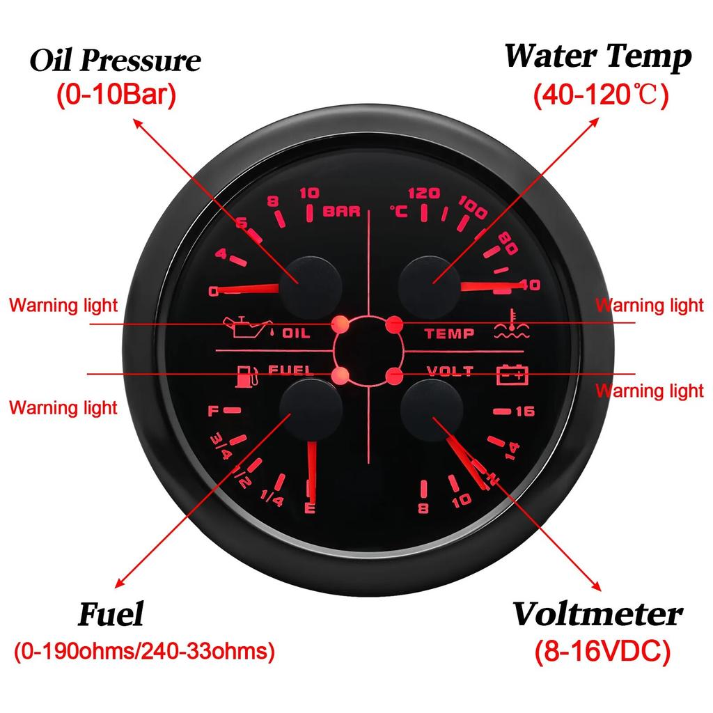 AD 4 In 1 Multifunction Gauge 85MM Fuel Pressure Measurement Oil Pressure Gauge Fuel Level Water Temp Meter Voltmeter with Alarm