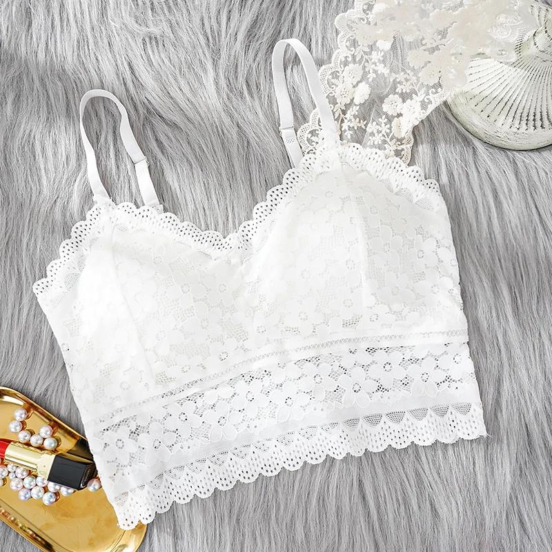 Vrouwen Kanten Bh Top Comfortabele Bralette Effen Kleur Voeg Pad toe Lingerie Schoonheid Terug Ondergoed Sexy Vest Vrouwelijke Draadloze Bh wit