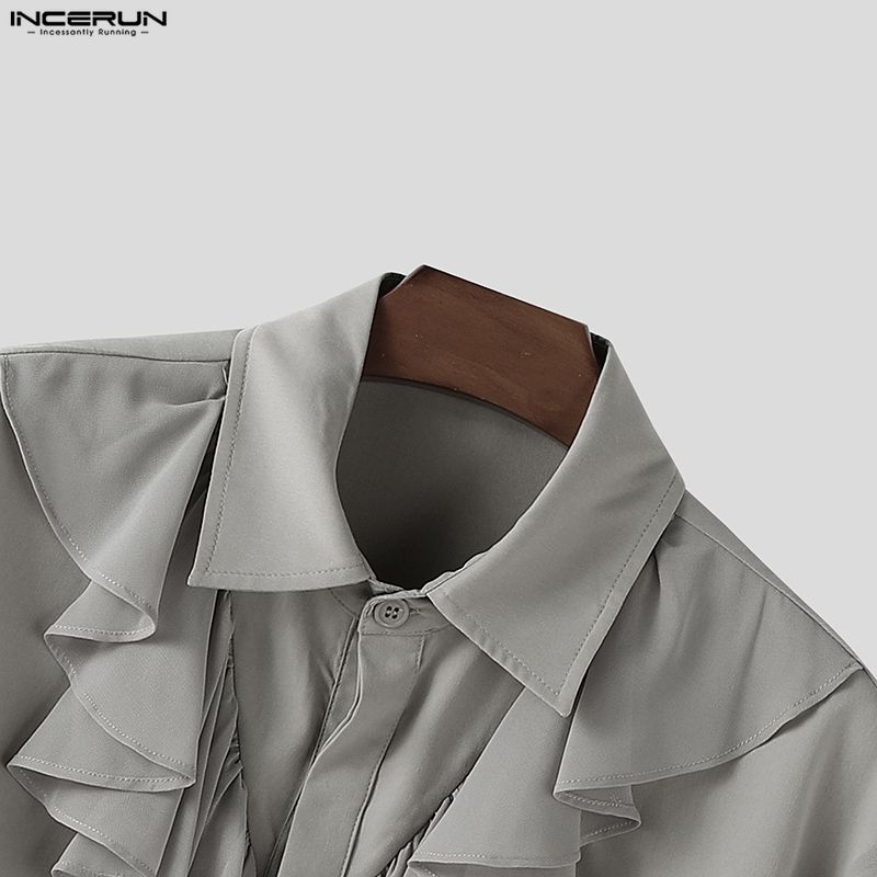 INCERUN Oversized Elegant Men Multi-layered Neck Long Sleeve Ruffled Casual Loose Shirts