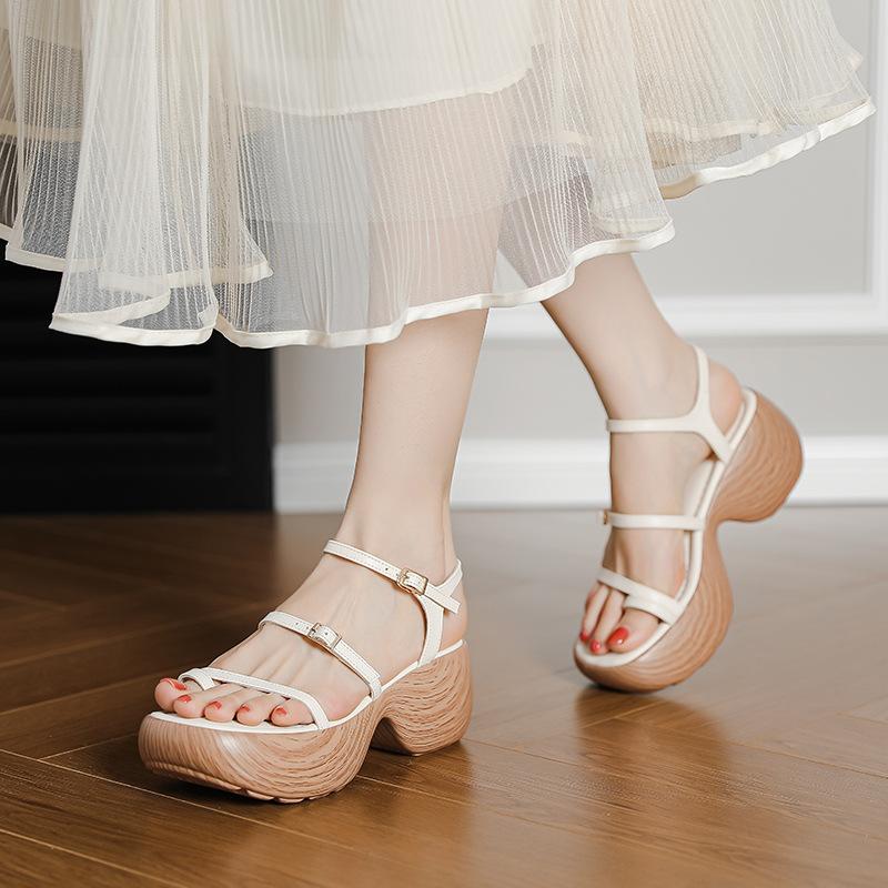 Thin Strap Thick Sole Cover Toe Sandals Women's Summer New One-word Strap Roman Shoes Small Height-increasing Shoes Muffin Waterproof Table