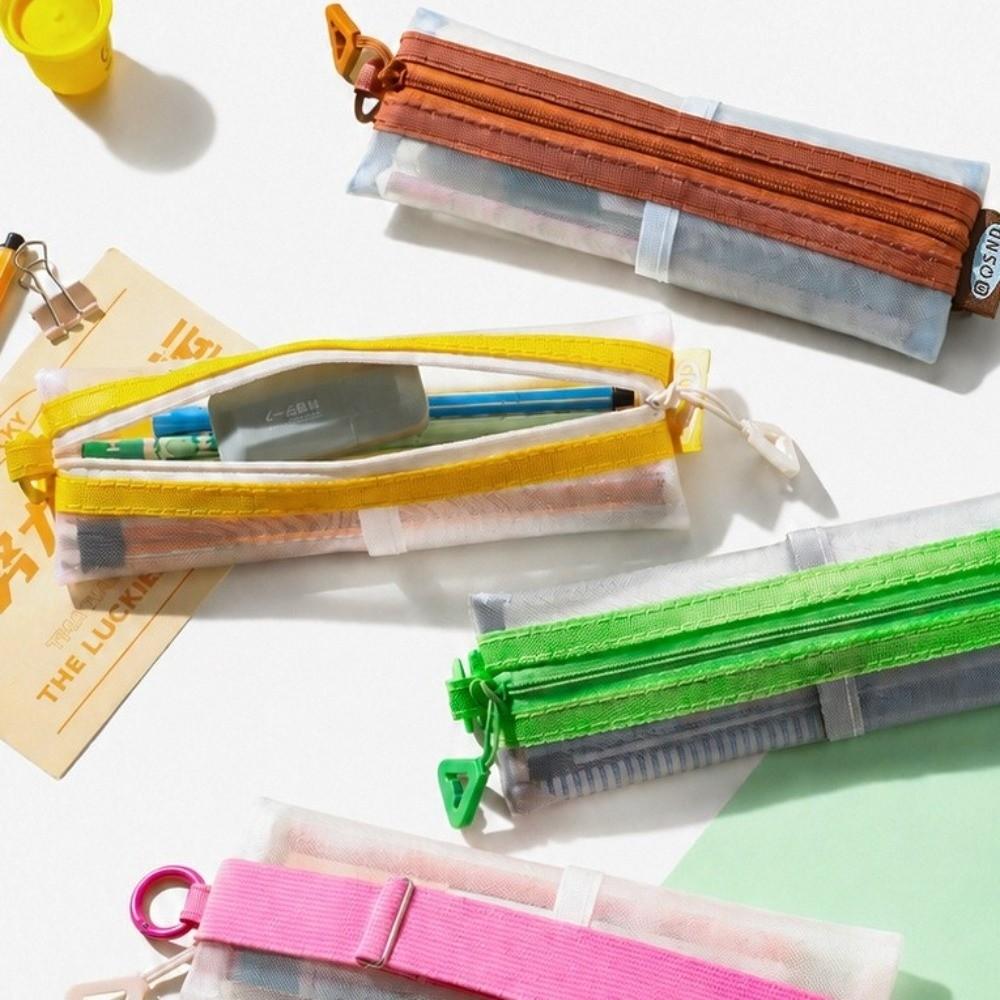 Elastic Strap Zipper Pencil Case Mesh Fabric Stationery Organizer Mesh Pen Pouch School Supplies